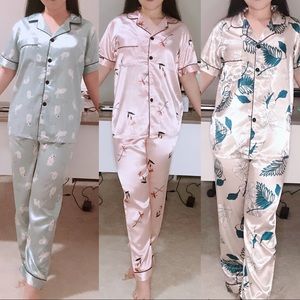 3 Set Women satin short sleeve long pant print floral button up sleepwear pajama